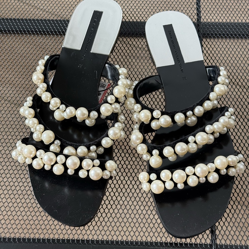 Zara Black Sandals with Pearl Embellishments